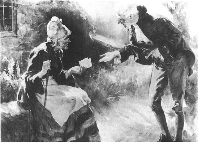 A black and white image, with Mother Hutton holding a cane, sat on a wall, and handing William a folded piece of paper.