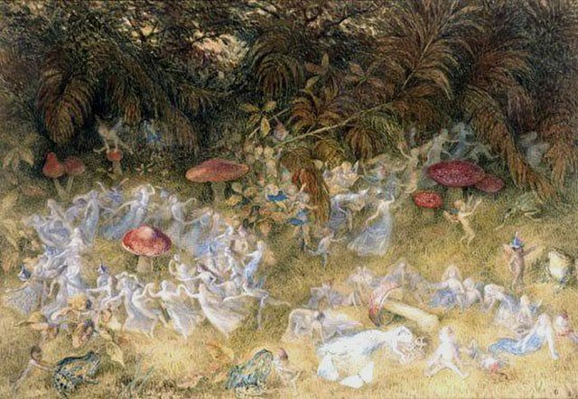 A painting with several fly agarics surrounded by tiny, dancing fairy folk in pale blue dresses and clothes.