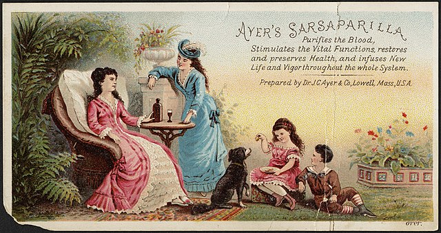 An old illustration of two ladies in formal dresses, two children and a dog. One lady is drinking a glass of brown liquid which represents the Sarsaparilla. The advert reads.... "Ayer's Sarsaparilla purifies the blood, stimulates the vital functions, restores and preserves health, and infused new life and vigor throughout the whole system.".